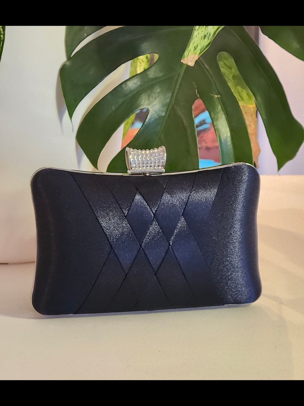 Navy Blue Satin Evening Clutch Bag With Rhinestone Kiss Clasp